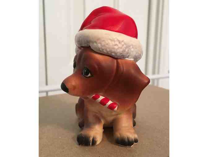 VINTAGE Josef Originals Dachshund Dog Figurine Wearing Santa Hat Holding Candy Cane