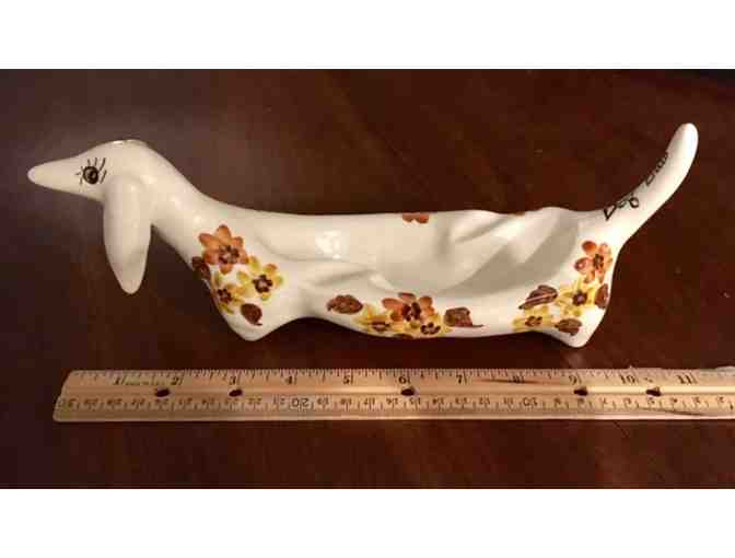 Ceramic Dachshund Dish - Off White with brown/yellow flowers - Vintage!