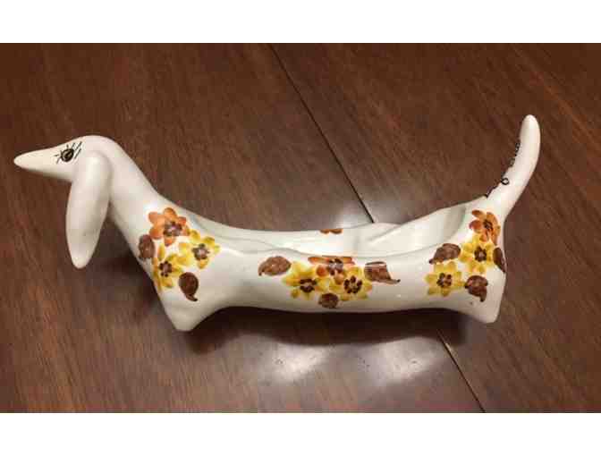 Ceramic Dachshund Dish - Off White with brown/yellow flowers - Vintage!