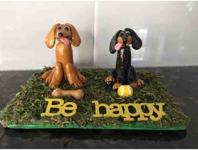 Figurine of Two Dachshunds!!  BE HAPPY!!  Crafted by MarMar Dachshund Creations!