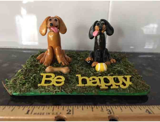 Figurine of Two Dachshunds!!  BE HAPPY!!  Crafted by MarMar Dachshund Creations!