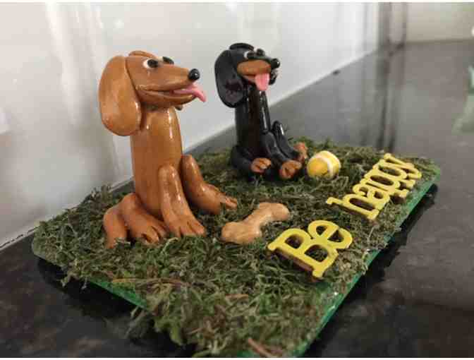 Figurine of Two Dachshunds!!  BE HAPPY!!  Crafted by MarMar Dachshund Creations!