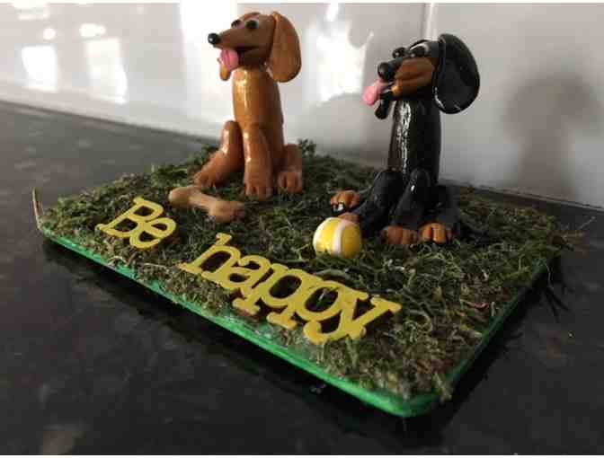 Figurine of Two Dachshunds!!  BE HAPPY!!  Crafted by MarMar Dachshund Creations!
