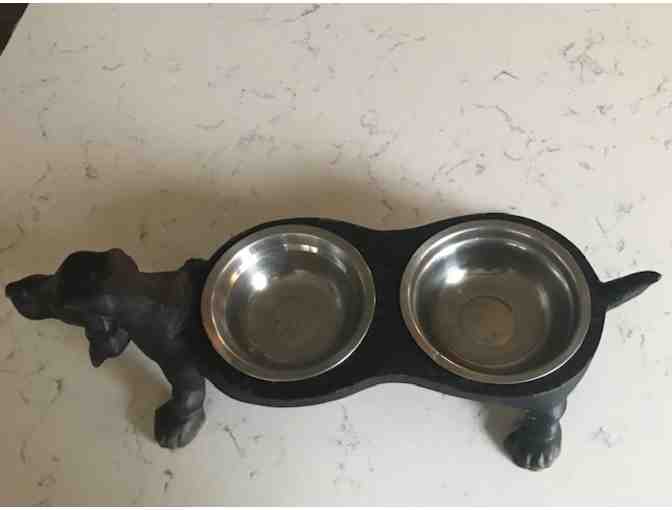 Raised Cast Iron Dachshund-Shaped Feeder with SS bowls