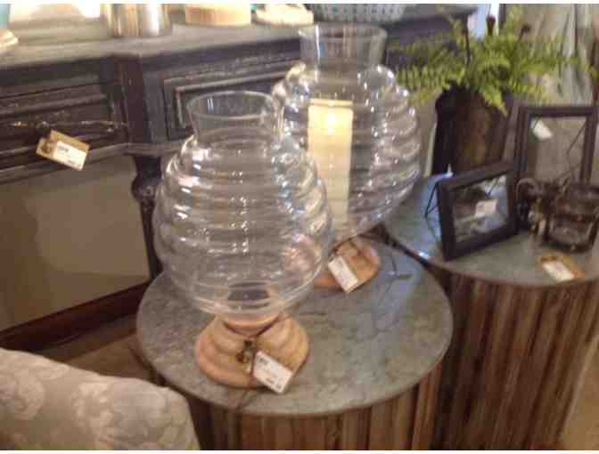 Beautiful Set of Glass and Wood Beehive Hurricanes