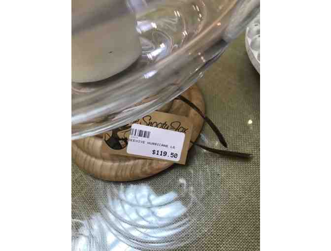 Beautiful Set of Glass and Wood Beehive Hurricanes