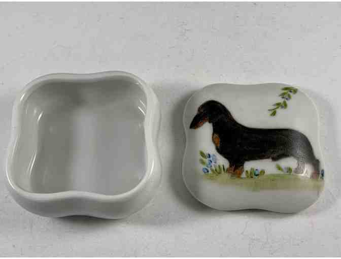 Porcelain Covered Box with Black and Tan painted dachshund - Vintage! - Made in Japan!