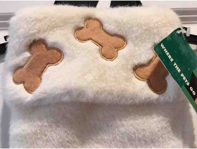 Christmas Stocking!  New fluffy white stocking with sparkles and dog bones on the cuff!