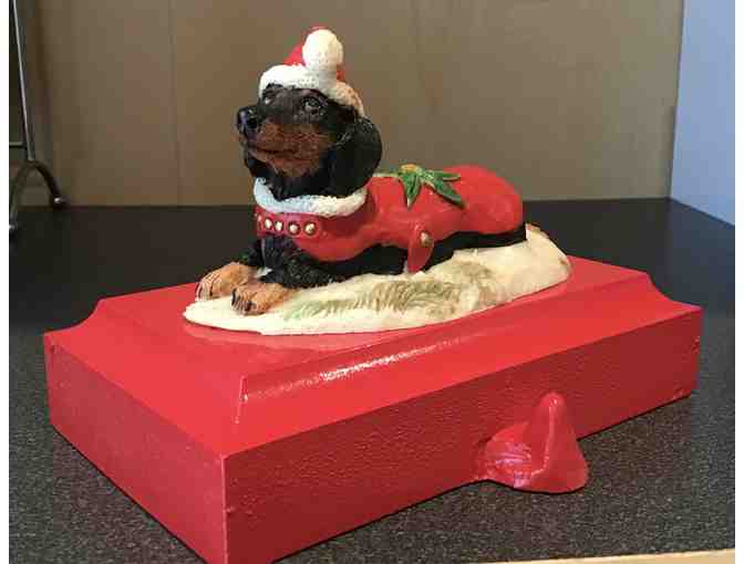 Christmas Stocking Holder - Charmstone Marv-Art Dachshund Figurine dressed for Christmas!