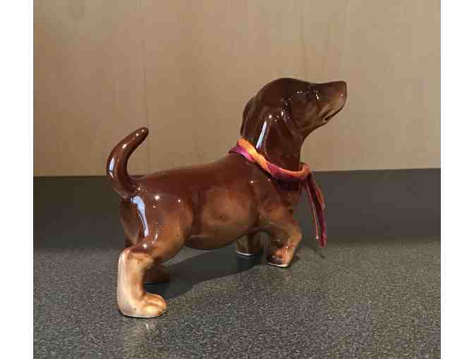 Vintage Collectible Prancing Brown Ceramic Dachshund with a lovely ribbon bow!