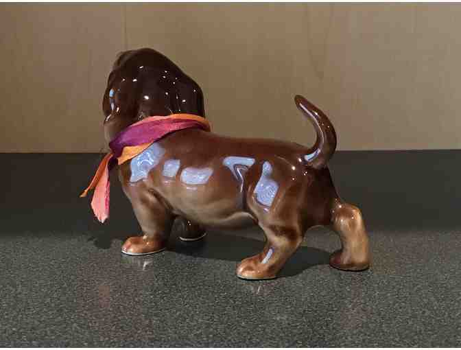 Vintage Collectible Prancing Brown Ceramic Dachshund with a lovely ribbon bow!