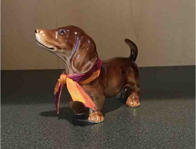 Vintage Collectible Prancing Brown Ceramic Dachshund with a lovely ribbon bow!
