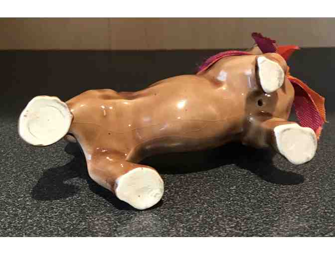 Vintage Collectible Prancing Brown Ceramic Dachshund with a lovely ribbon bow!