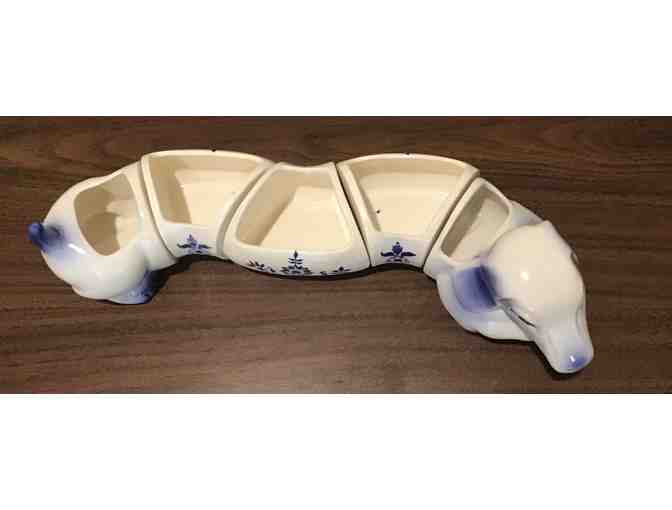 Vintage Blue Willow Porcelain Dachshund Dog Condiment Candy Nut Dish Set, Japan