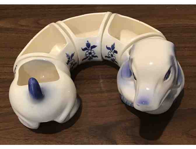 Vintage Blue Willow Porcelain Dachshund Dog Condiment Candy Nut Dish Set, Japan