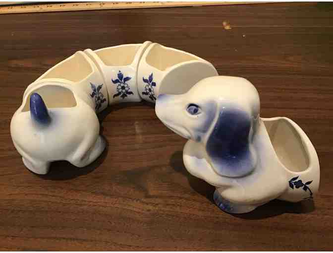 Vintage Blue Willow Porcelain Dachshund Dog Condiment Candy Nut Dish Set, Japan