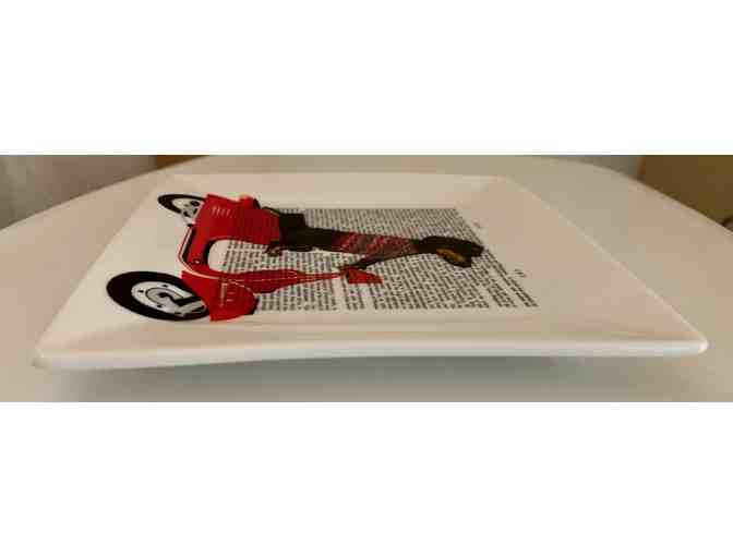 Fab Funky Dog Square 6' White Bone China Plate - Dachshund Riding a Scooter!