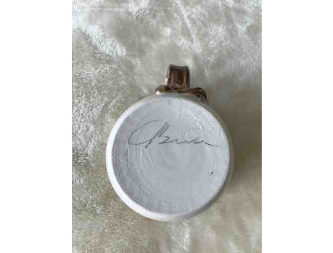 Handmade pottery coffee mug with dachshund handle