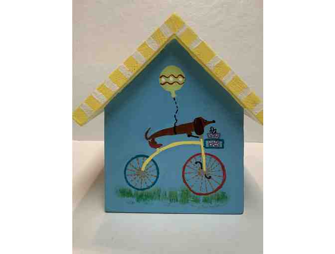 Bird House - Hand Painted Dachshund Blue Bird House with a Cycling Doxie on Back!