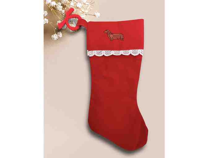 Red velour-type material Christmas Stocking with embroidered red dachshund - Photo 1