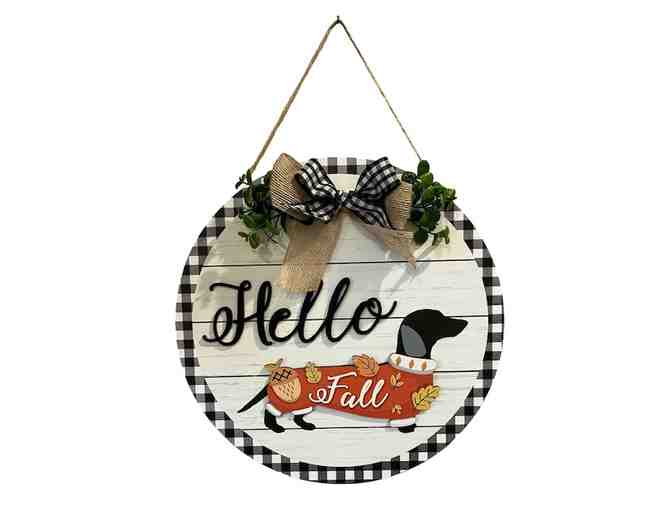 Interchangeable Dachshund Welcome Sign for Front Door - 12' diameter - 15 Outfits
