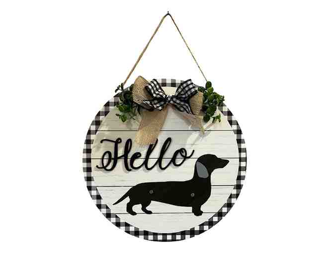 Interchangeable Dachshund Welcome Sign for Front Door - 12' diameter - 15 Outfits