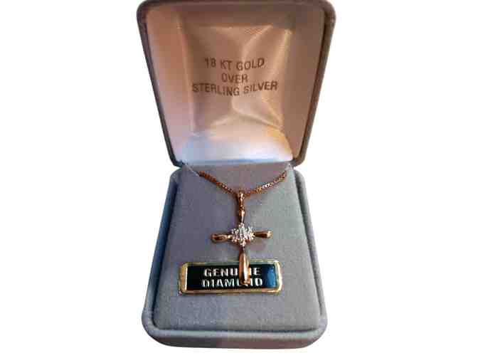 Cross Necklace - 18K gold over Sterling Silver - Genuine Diamond Accent - 18' chain