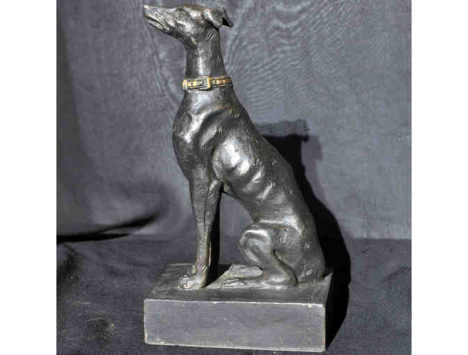 Greyhound/Whippet Sitting Dog Statue on Base - Cast Brass