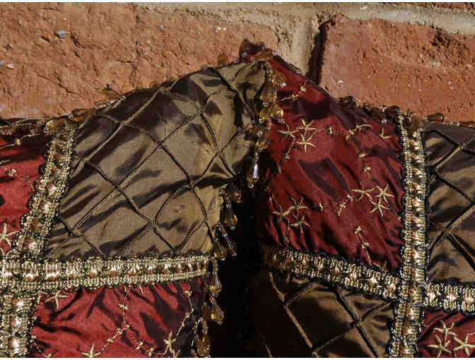Satin Pillows with Beaded Fringe - Gold and Maroon Pair