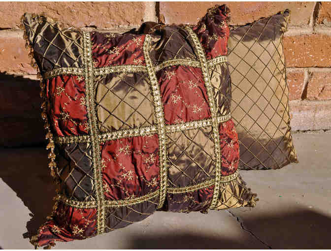 Satin Pillows with Beaded Fringe - Gold and Maroon Pair