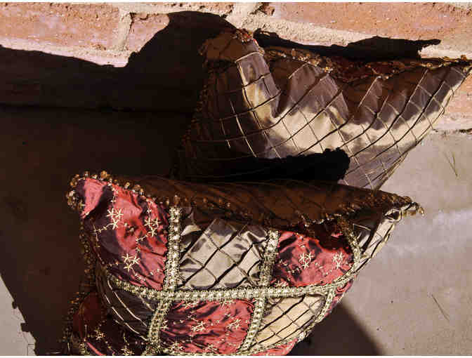 Satin Pillows with Beaded Fringe - Gold and Maroon Pair