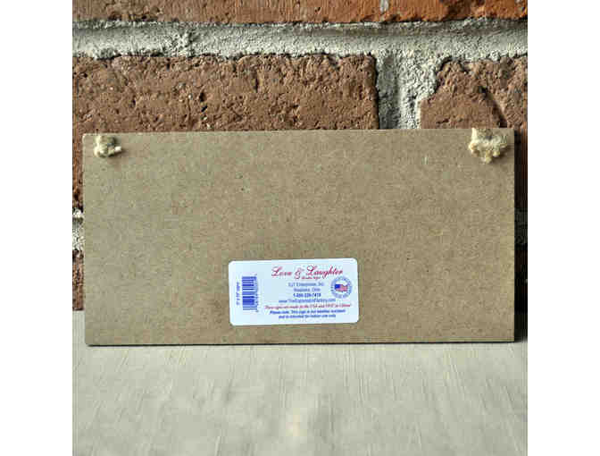 Sign on Wood - 'Love is... being owned by a greyhound' with Brindle Greyhound