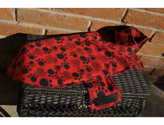 Fleece Dog Coat - Red with Black Paw Prints - Tummy Band with Velcro Closure