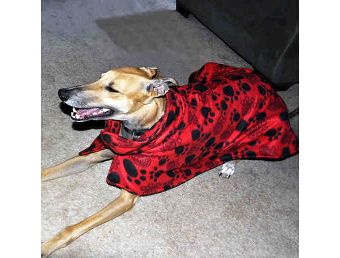 Fleece Dog Coat - Red with Black Paw Prints - Tummy Band with Velcro Closure