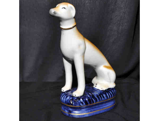 Greyhound/Whippet Statue - Seated On Blue Cushion - Staffordshire Ceramic