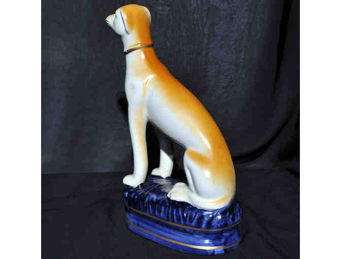 Greyhound/Whippet Statue - Seated On Blue Cushion - Staffordshire Ceramic