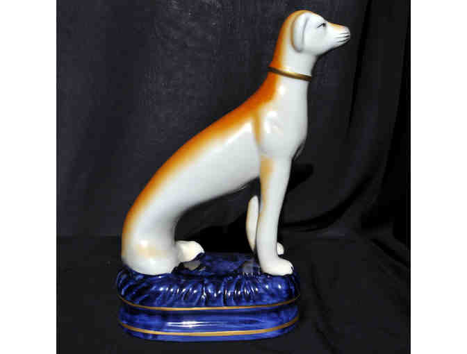 Greyhound/Whippet Statue - Seated On Blue Cushion - Staffordshire Ceramic