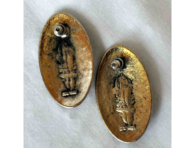 Silver Metal Oval Concho Post Earrings with Turquoise Colored Stone