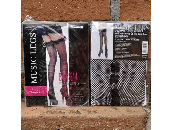 Music Leg Stockings - Two Pair Thigh-High - Black With Trim