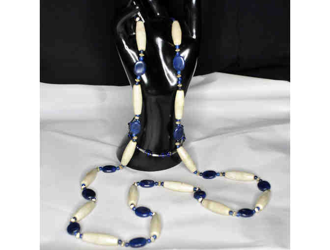 Blue, Gold, White Beaded Necklace and Pastel Glass Beads on Wire Bracelet