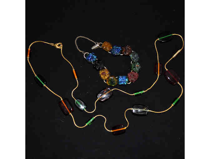 Green, Amber, and Smoke Colored Beads on Gold Chain 31' and Multi-Colored Link Bracelet