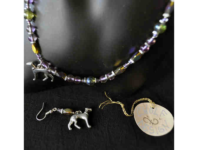 Iridescent Glass Beads and Spacers With Greyhound Pendant And Matching Earwire Earrings