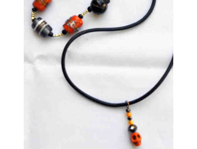 Leather Cord Necklace 16' with Bead Pendant and Multi Colored Beaded Stretch Bracelet