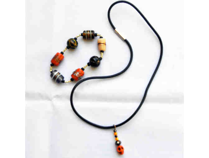 Leather Cord Necklace 16' with Bead Pendant and Multi Colored Beaded Stretch Bracelet