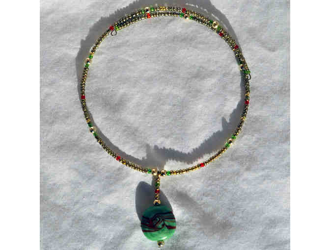 Matching Green and Red Beaded Necklace and Bracelet on Wires
