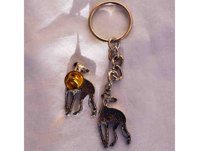 Metal Greyhound Keychain and Lapel Pin Set