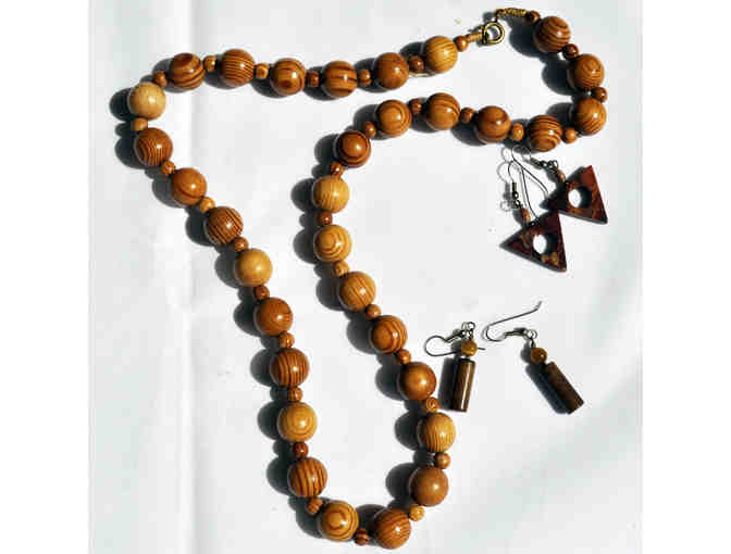 Natural Wooden Bead Necklace 26' and Two Pair of Brown Stone Earrings