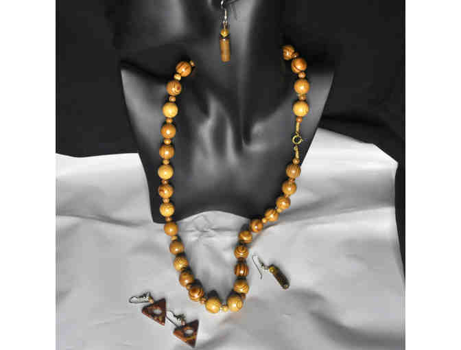 Natural Wooden Bead Necklace 26' and Two Pair of Brown Stone Earrings