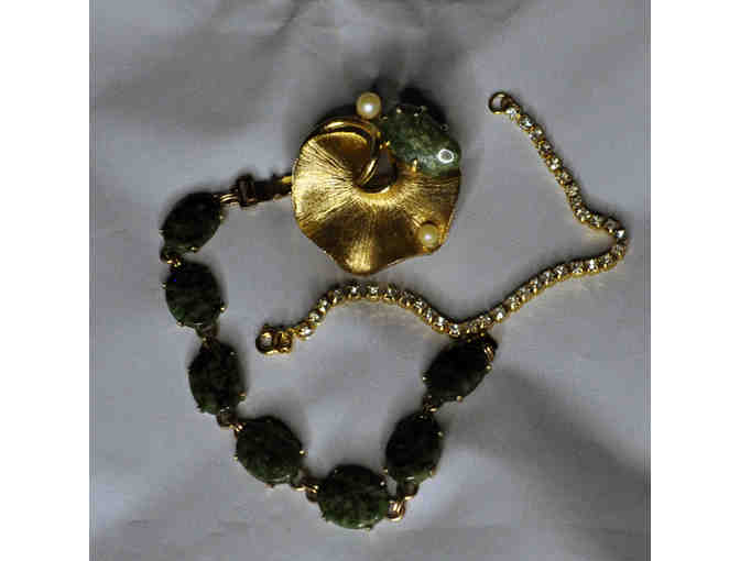 Necklace and Bracelet With Jade Colored Stones, Tennis-Style Bracelet, and Gold Flower Pin