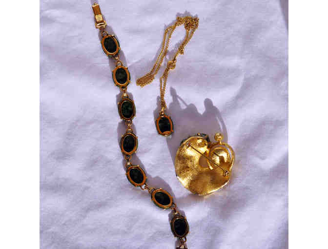 Necklace and Bracelet With Jade Colored Stones, Tennis-Style Bracelet, and Gold Flower Pin
